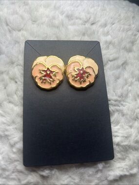 Vintage Gold-Trim Peach Pansy Enamel Stud Earrings - Women Jewelry